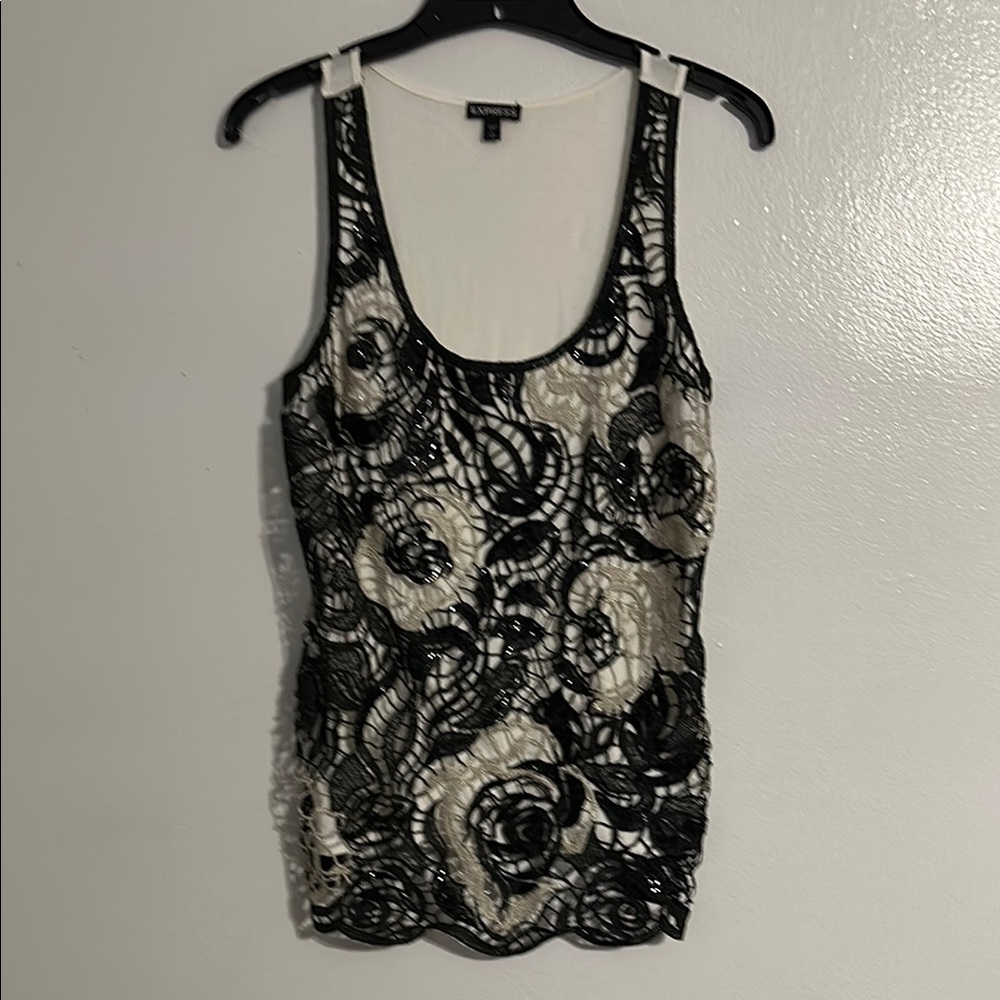 Express Black and Cream Floral Lace Tank Top